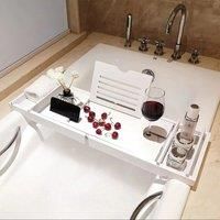 Bamboo Wood Bathtub Tray with Tablet Holder Cup Slot phone slot, White