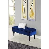 Blue Buttoned Tufted Velvet Storage Ottoman Bench with Rubberwood Legs Luxury Bed End Stool