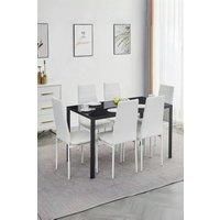 7-Piece Dining Table Set of Modern Faux Leather Dining Chairs and Tempered Glass Table