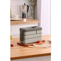 Bento-Style Plastic Grey Lunch Box with Cutlery 3-Layer