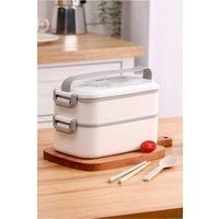 2 Layer Stackable White Bento Lunch Box with Cutlery & Grip