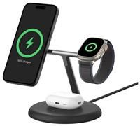 Belkin 3-in-1 Wireless Charging Stand with Magnetic MagSafe Compatible Qi2 15W, Fast Charging iPhone Charger for iPhone 16, 15, 14, and 13 Series, AirPods, Apple Watch, & More (PSU included) - Black