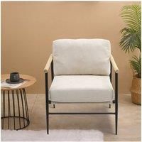 Modern Linen Armchair with Thick Cushion and Wooden Arm