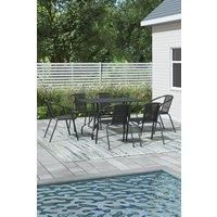 Rectangle Metal Slatted Outdoor Patio Coffee Table with 6 Rattan Chairs