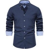 MODISHION Men's Casual Button-Down Shirt with Turn-Down Collar in Navy | Size: Medium