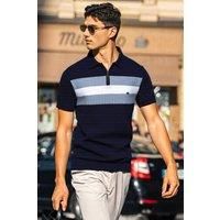 Men's Textured Stripe Zip Polo Shirt in Dark Navy | Size: 2XL