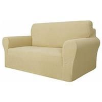 MAXIJIN Super Stretch Couch Cover for 2 Seater Couch, 1-Piece Universal Love Seat Covers Jacquard Spandex Sofa Protector Dogs Pet Friendly Fitted Loveseat Slipcover (2 Seater, Beige)