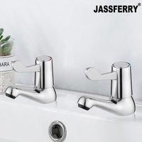 JASSFERRY 1/2" Basin Taps Pair Twin Traditional Design Club Hot & Cold Set Faucet with Metal Knobs Heads Lever High Neck Pillar Polished Chrome Bathroom (Level)