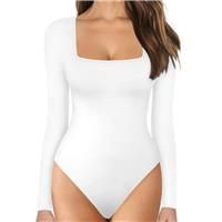 KOEMCY Bodysuit for Women Long Sleeve Bodysuit Square Neck (White,