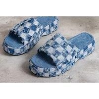 Women'S Platform Denim Sandals - Black & Blue Colours