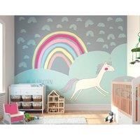 Origin Murals Rainbow Unicorn Mint & Grey Wall Mural - 3m x 2.4m