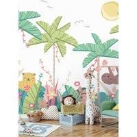 Jungle Animals Pale Green Wall Mural - 3.5m x 2.8m