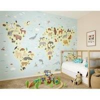 Childrens World Map Blue Wall Mural - 3.5m x 2.8m