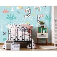Dancing Zebras Blue Wall Mural - 3m x 2.4m