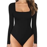 KOEMCY Bodysuit for Women Long Sleeve Bodysuit Square Neck Shapewear