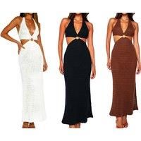 Women'S Cut Out Thigh Split Beach Dress - White, Brown Or Black