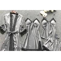 Unisex Grey Women'S Lightweight Lace Summer 4-Piece Pyjama & Loungewear Set - Breathable, Versatile, Multiple Colours