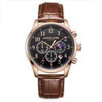 Anthony James Moonphase Wrist Watches Men - Stainless Steel Back, Analogue, Leather Strap, Chronograph, Hand Assembled, Water & Scratch Resistant Men/'s Watch - 5 Years Warranty, Rose Black