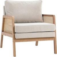 Grey Cushioned Armchair with Caned Sides and Solid Wooden Frame