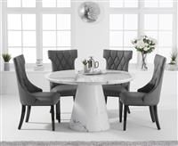 Ravello 130cm Round White Marble Dining Table With 4 Grey Sophia Chairs