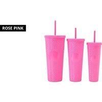 Set Of 3 Studded Tumblers With Lids & Straws - Pink