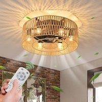 Flush Mount Rattan Boho Ceiling Fan with light for Bedroom Living Room