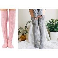 Fuzzy Cable Knit Thigh High Socks - 6 Colours! - Grey