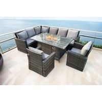 Outdoor Rattan High Back Sofa Set Gas Fire Pit Dining Table Heater Burner 8 Seater