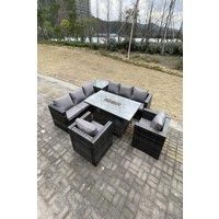 Outdoor Rattan Garden Corner Furniture Gas Fire Pit Dining Table Heater Sets Chairs 8 Seater