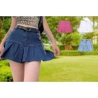 Women'S Pleated Ruffle Denim Skirt - 3 Sizes, 4 Colours - Blue