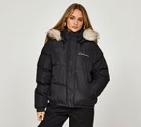 Closure London Womens Fur Hooded Puffer Jacket - Black - Size 8