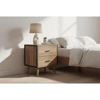 Mid-Century Two Drawer Wooden Nightstand with Storage Shelf & Metal Accents