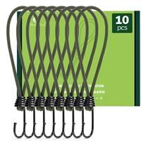 Abma Cord Bungee Cords with Hooks 23cm 10Pcs Small Bungee Ropes with Hooks Elastic Bungee Loops for Tarpaulin, Tent, Camping, Banners, Fixing - Army Green