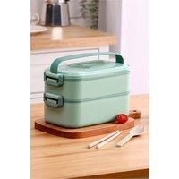 2 Layer Dual-Layer Green Bento Lunch Box with Handle & Tableware