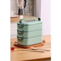 Dual-Layer Green Bento Lunch Box with Handle 3 Layer