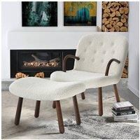 2Pcs Netural Boucl Armchair and Footstool Set