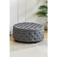 Round Linen Deep Buttoned Footstool with Studded Edge