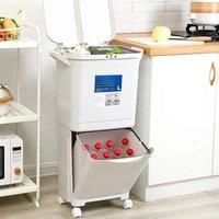 White Double-Layer Three-Compartment Trash Can with Wheels