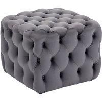 Plush Velvet Upholstered Square Footstool with Buttons - Grey