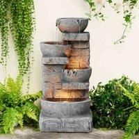Teamson Home Cascading Bowls & Stacked Stone Outdoor Water Fountain with LED Light, Grey