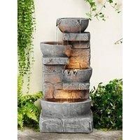Teamson Home Cascading Bowls & Stacked Stone Outdoor Water Fountain with LED Light, Grey