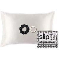slip Charm Gift Set – White Queen Silk Pillowcase with Lace Trim, Black Large Scrunchie & White Skinny Scrunchie – Pure Mulberry Silk Hair & Sleep Essentials