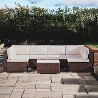 Teamson Home 7 Piece Patio Conversational Sofa Set, Includes 4 Middle Chairs, 2 Corner Chairs with Cushions and Glass Table, Rattan Garden Set, Brown