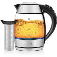Chefman Glass Electric Kettle with Tea Infuser, 1.8L, LED Indicator Light, Removable Lid for Easy Cleaning, Auto Shut Off & Boil-Dry Protection, BPA Free, Electric Tea Kettle, 2200W, Stainless Steel