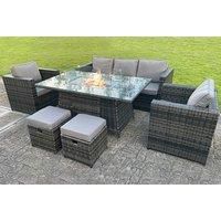 7-Seater Gas Fire Pit Armchair Rattan Garden Furniture Set - Grey
