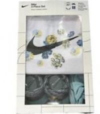 Nike 3pc 0-6 Months~ Floral White Bodysuit, Blue Headband , & Booties Boxed