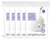 simplehuman Code J 100 Liners, 50% Recycled Custom Fit Bin Bags in Dispenser Packs with Durable Drawstring Tie Handle, 30-45L, White