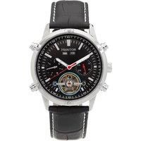 Wilhelm Semi-Skeleton Leather-Band Watch w/Day/Date - Black