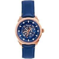 Reign Weston Automatic Skeletonized Leather-Band Watch - Rose Gold/Blue