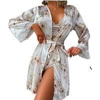 Women'S 3Pcs Satin Lace Floral Pajamas - 8 Sizes! - Grey